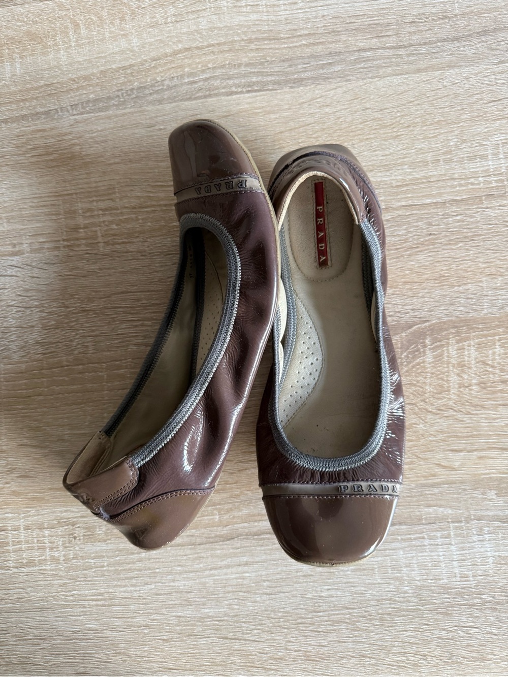 Prada Scrunch Ballet Flats leather size 38/8 brown taupe